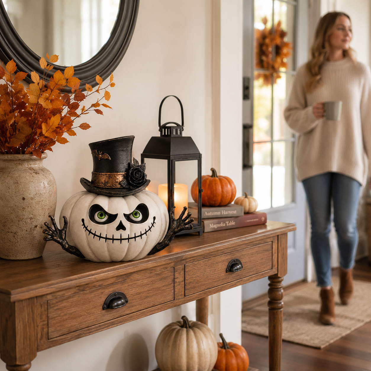 Gothic Top Hat Skull Pumpkin Resin Figurine – Halloween Tabletop Decoration 🦇