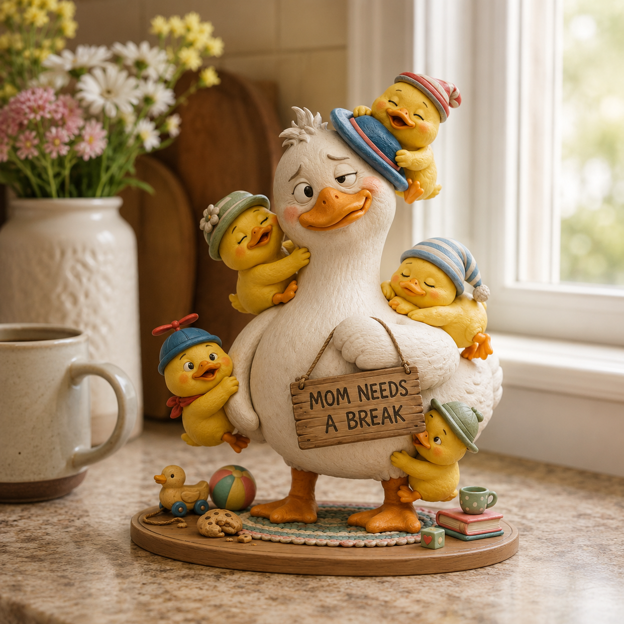 “Mom Needs a Break” Mama Duck & Five Ducklings Resin Figurine – Funny Family Tabletop Decor 💛
