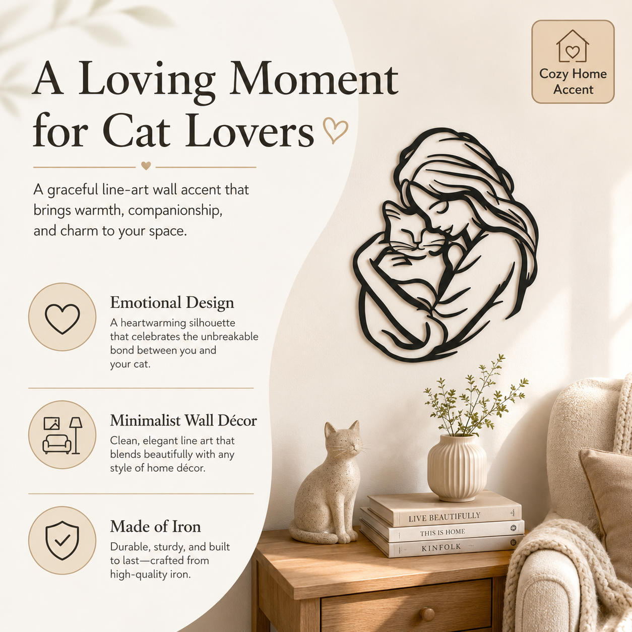 🐱 Girl Hugging Cat Metal Wall Art – A Heartwarming Accent for Cozy Homes