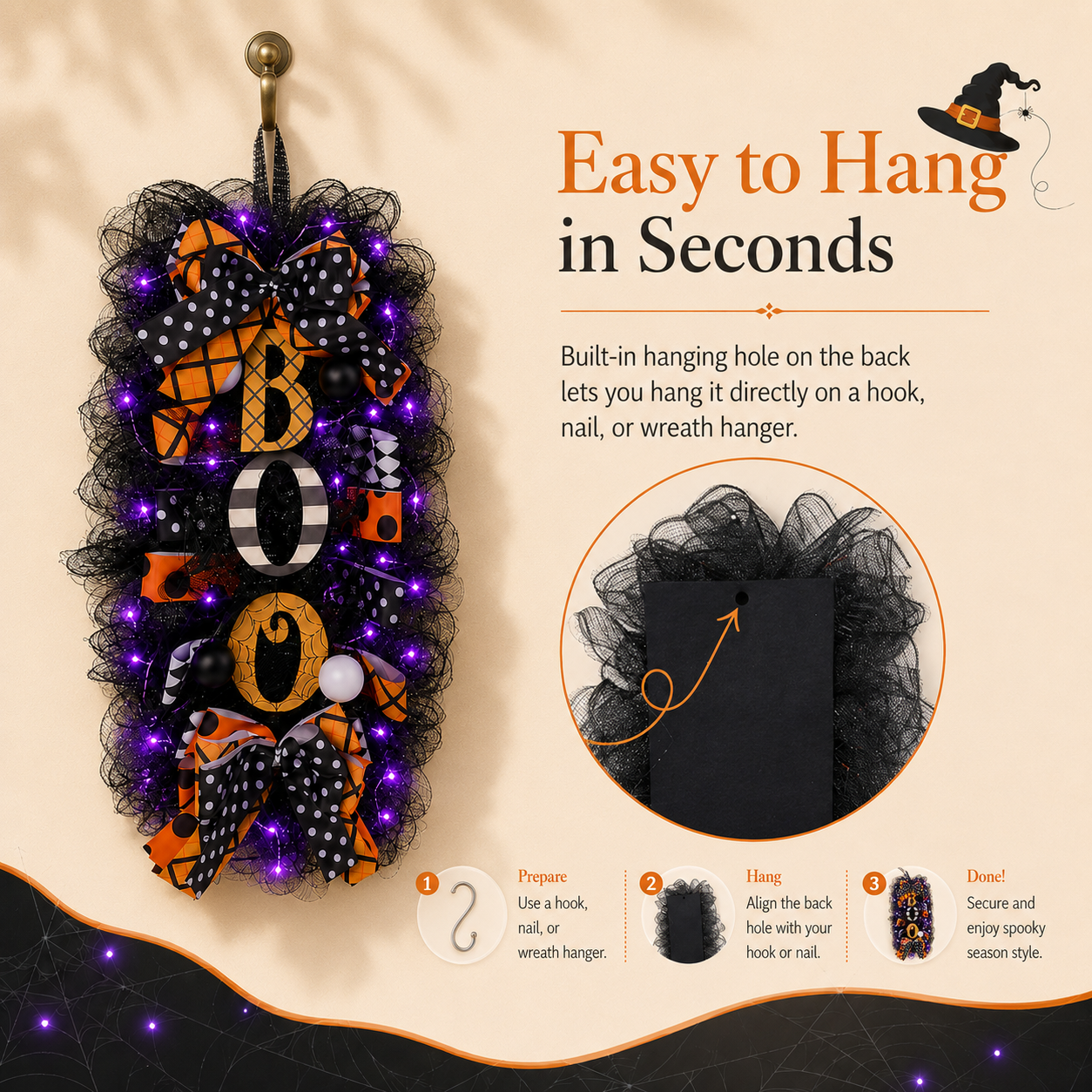 Lighted Halloween BOO Door Hanging Decoration with Purple Lights & Remote Control 💜