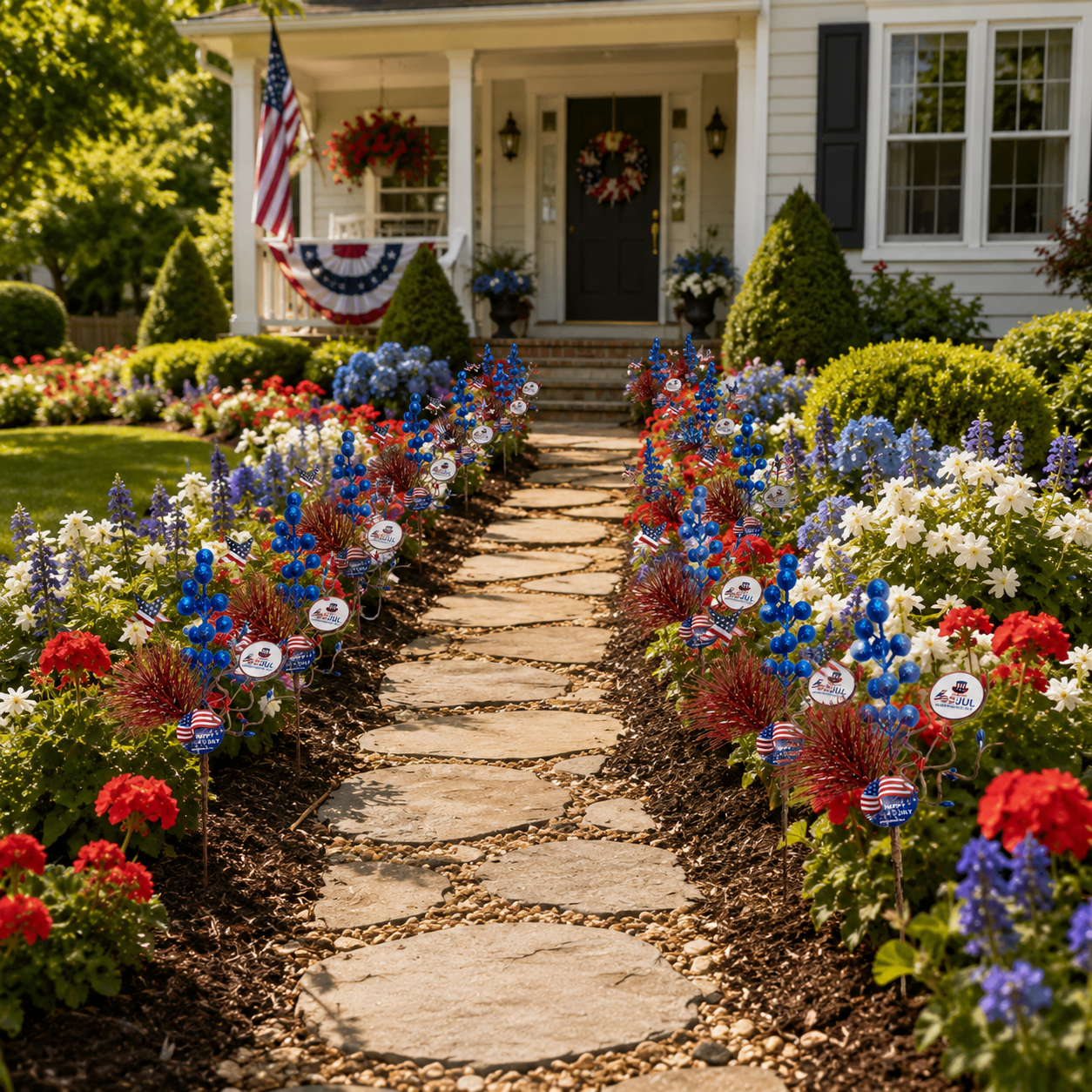 Patriotic 4th of July Decorative Flower Pick – 10-Flower Bundle, Red, White & Blue Glitter Berry & Star Accents for Garden, Floral Arrangements, Wreaths & Holiday Decor
