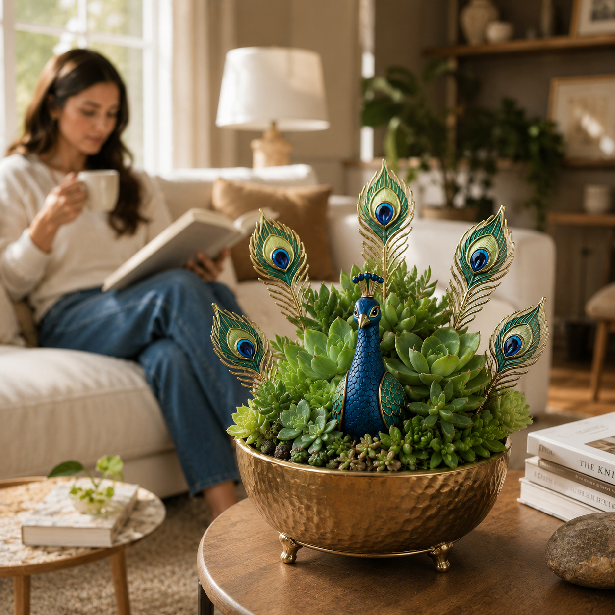 Peacock Resin Plant Decoration Set – 1 Peacock Pick with 5 Decorative Feather Stakes