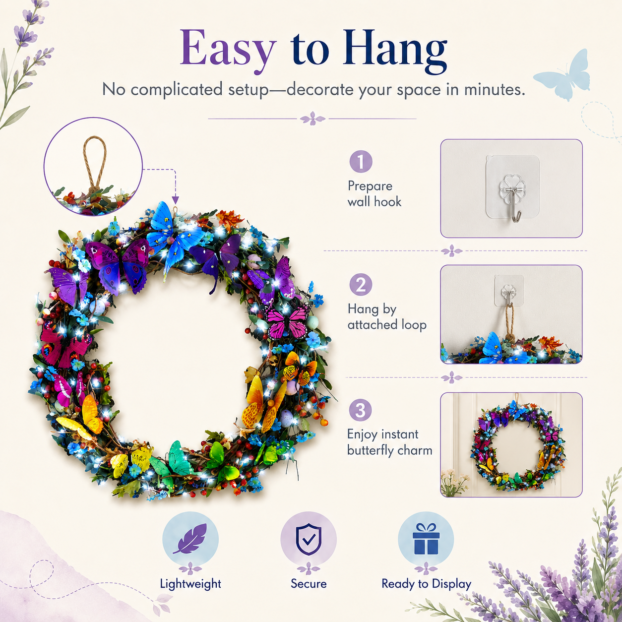 Colorful Butterfly Wreath with Cool White LED Lights and Remote Control 🦋✨