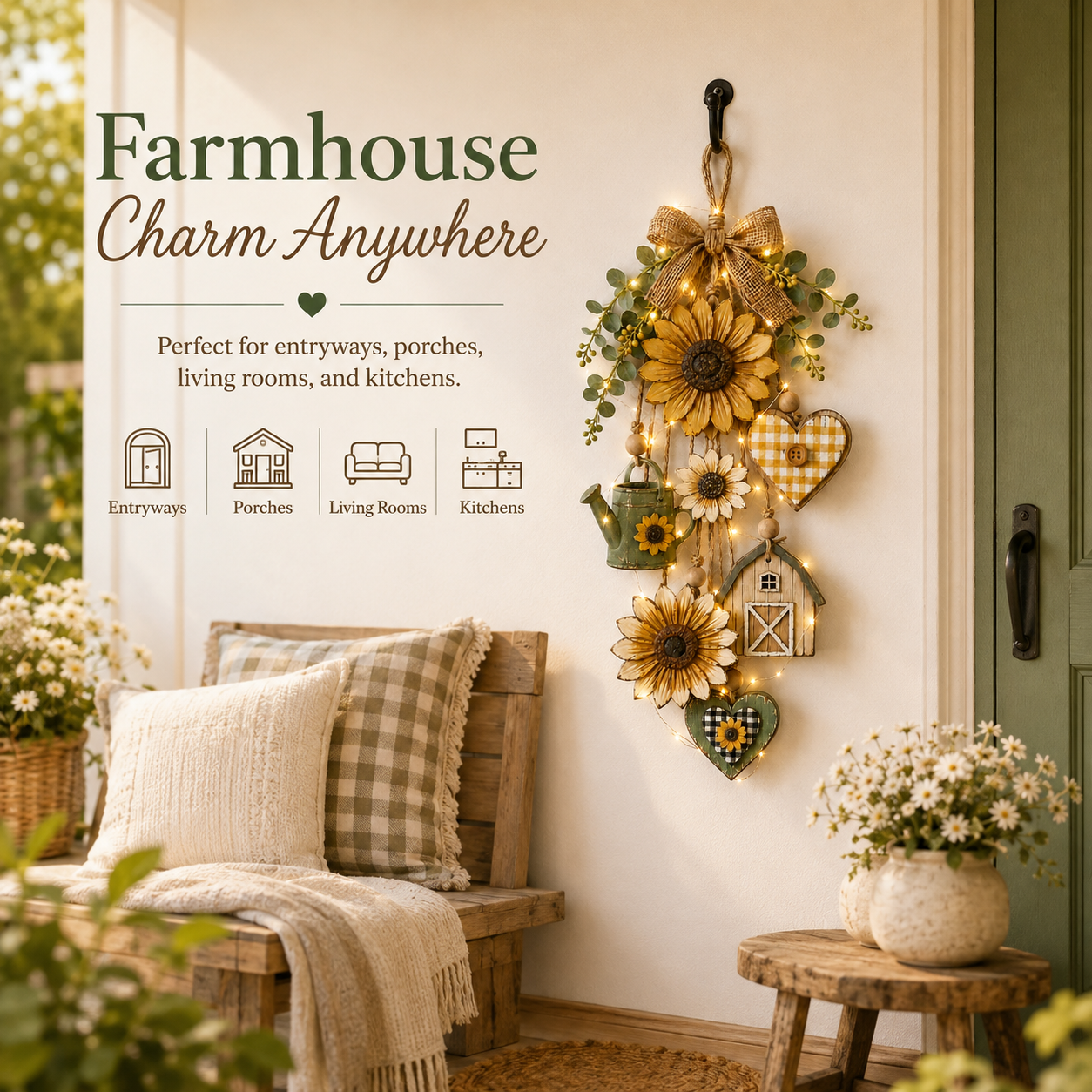 Rustic Wooden Garden-Themed Hanging Ornament with Remote Control Fairy Lights