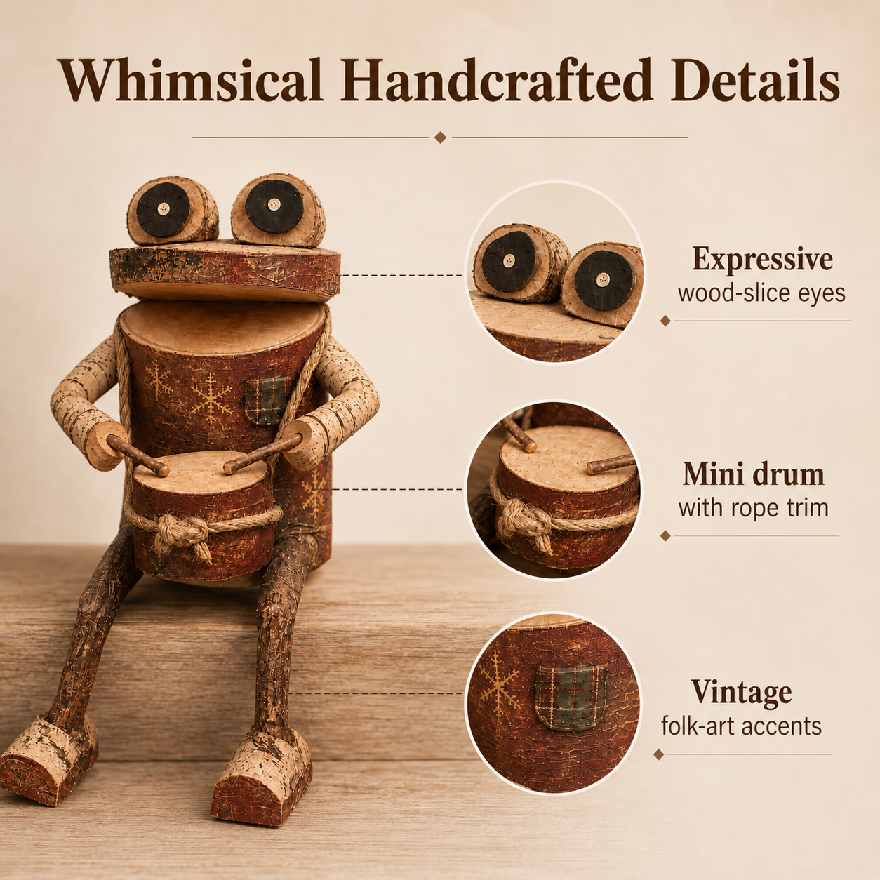 🐸 Rustic Wooden Frog Drummer Figurine