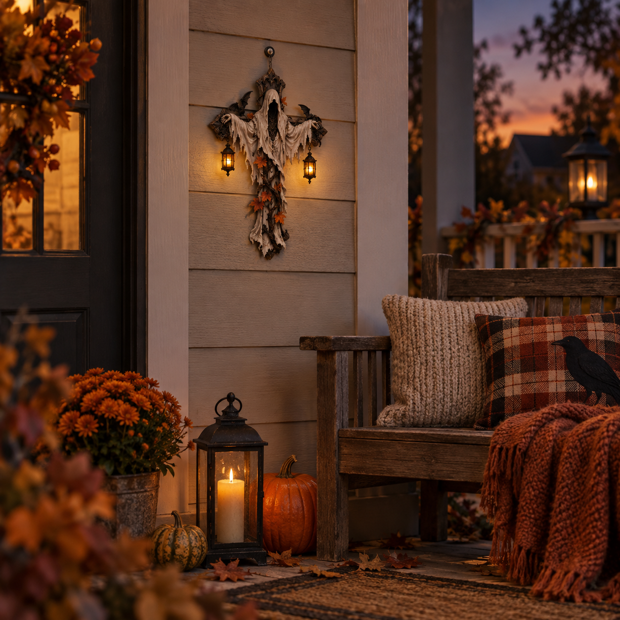 Lighted Halloween Ghost Cross Wall Decor