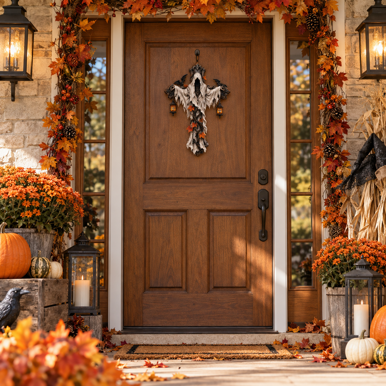 Lighted Halloween Ghost Cross Wall Decor