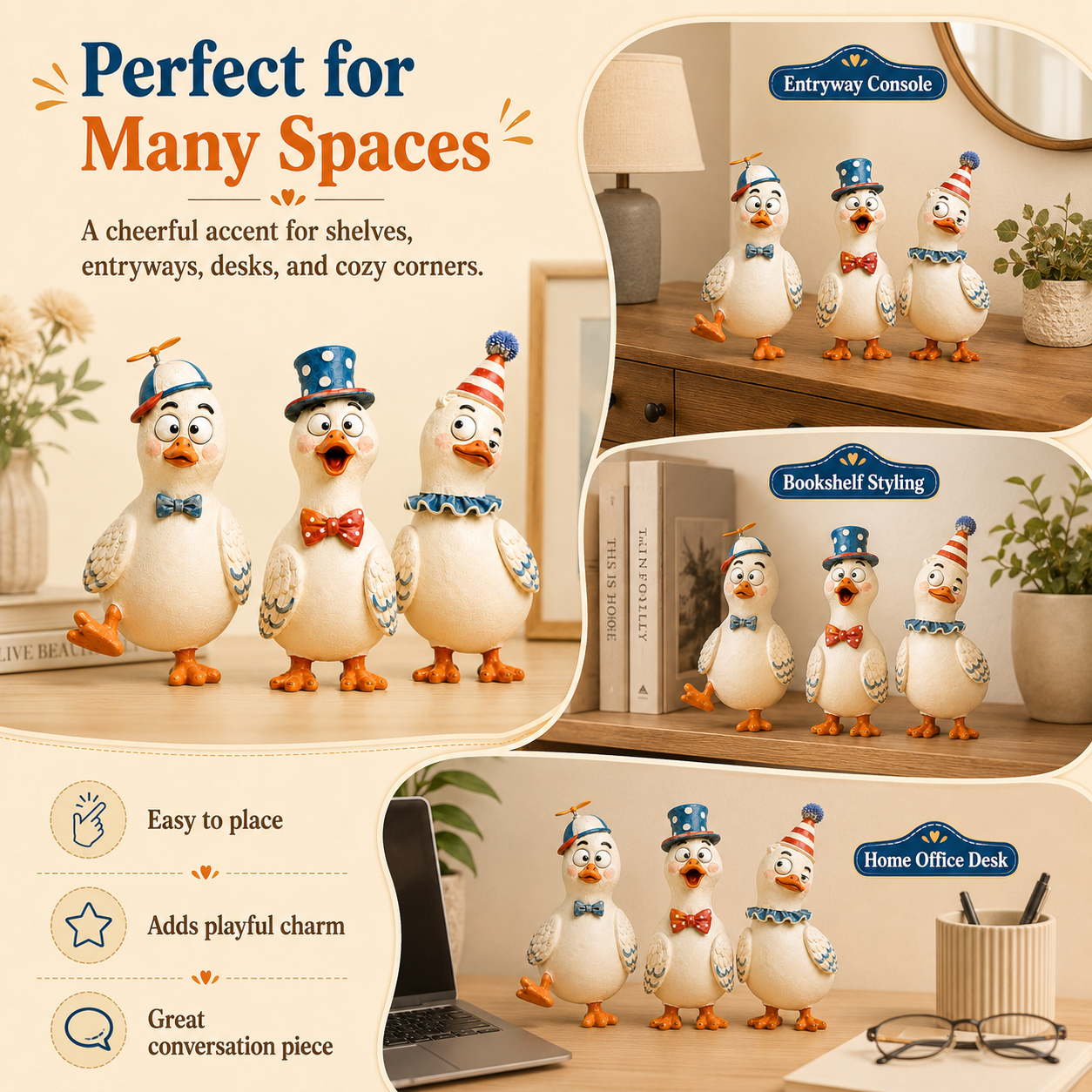 🦆 3-Piece Quirky Duck Resin Figurine Set – Funny Farmhouse Tabletop Décor