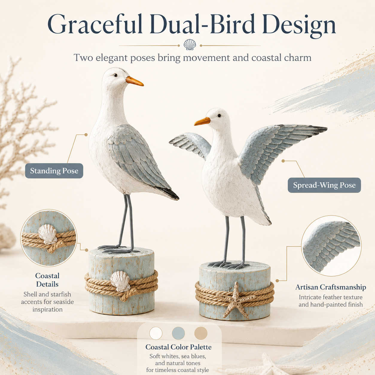 🌊 Set of 2 Seagull Figurines – Coastal Resin Bird Decor with Beach-Inspired Details for Tabletop Home Accents