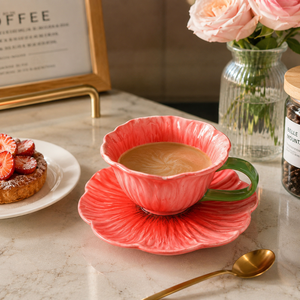 Poppy Flower Shaped Ceramic Coffee Cup and Saucer Set, 10 oz Floral Tea Cup with Matching Plate, Handmade Style Flower Mug for Coffee, Tea, Latte, Cappuccino, Home Decor and Gift
