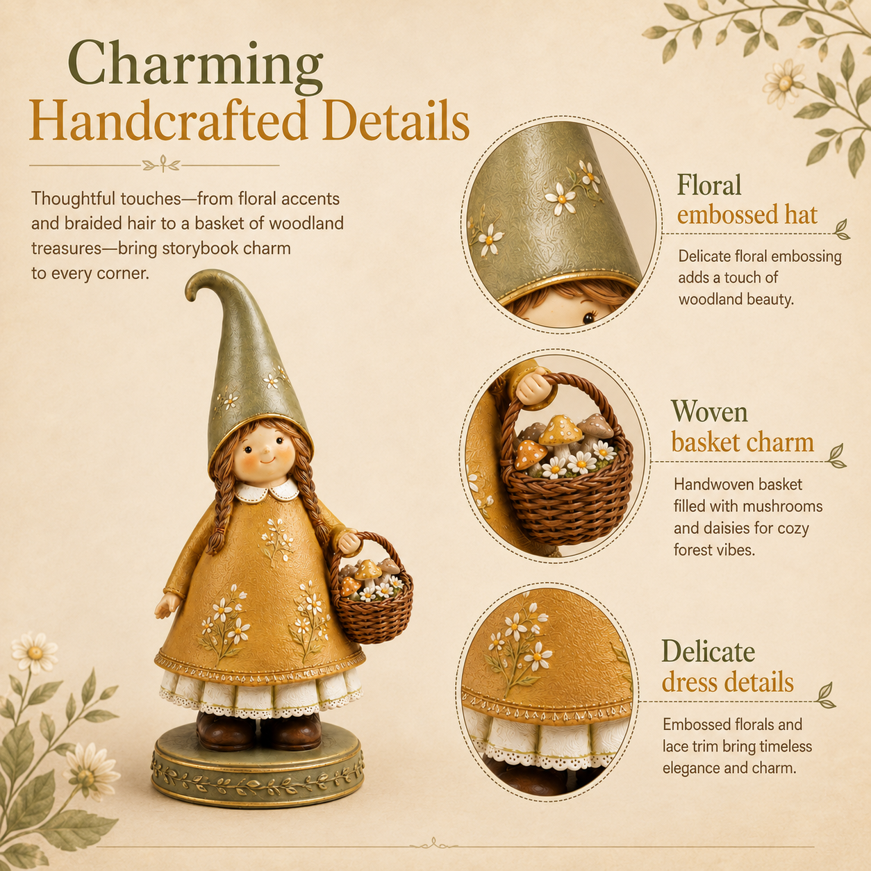 Charming Woodland Girl Resin Figurine with Mushroom Basket🍄