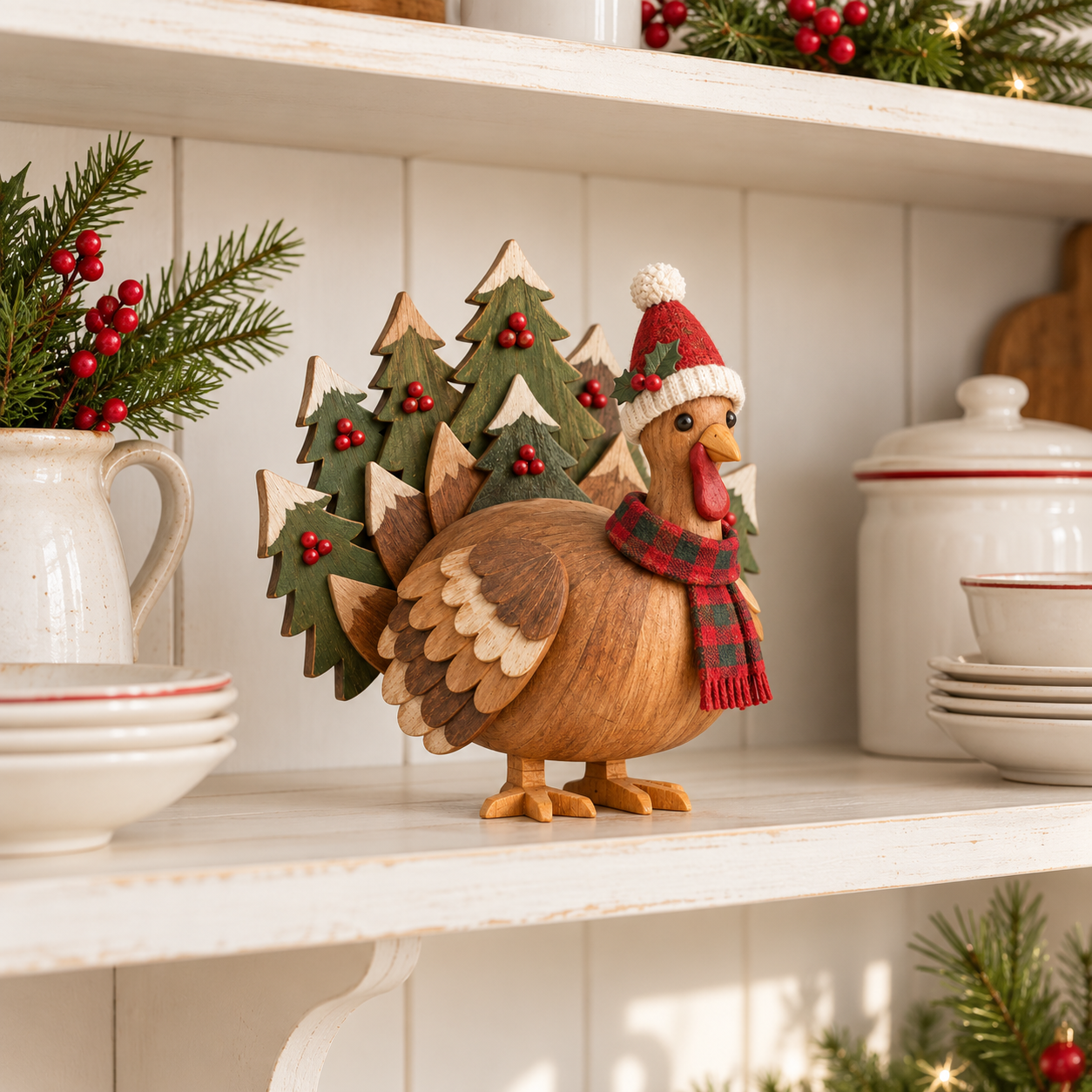 Rustic Wooden Christmas Turkey Figurine with Santa Hat🦃🎄