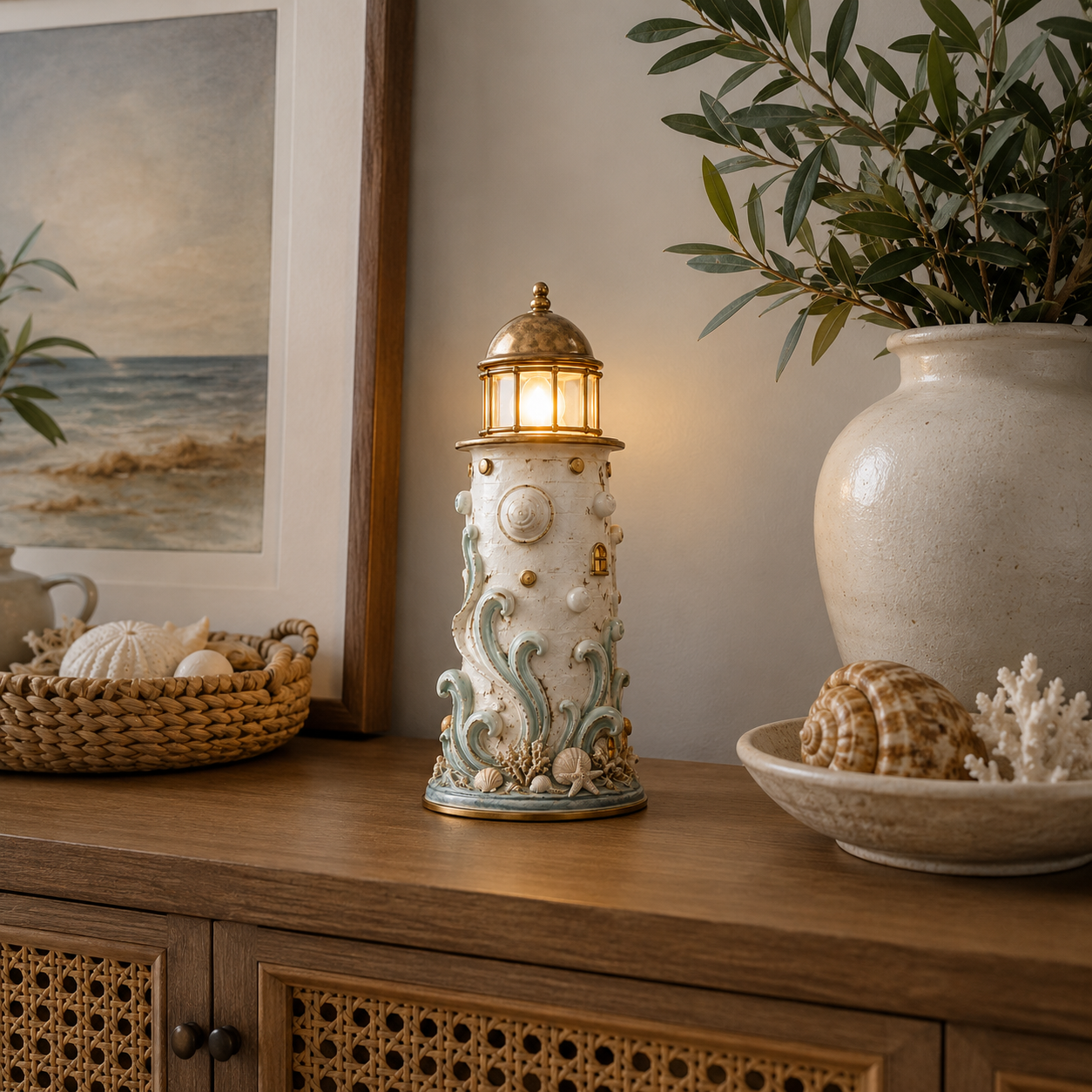 🌊 Ocean Lighthouse LED Accent Lamp – Vintage Resin Coastal Décor ✨