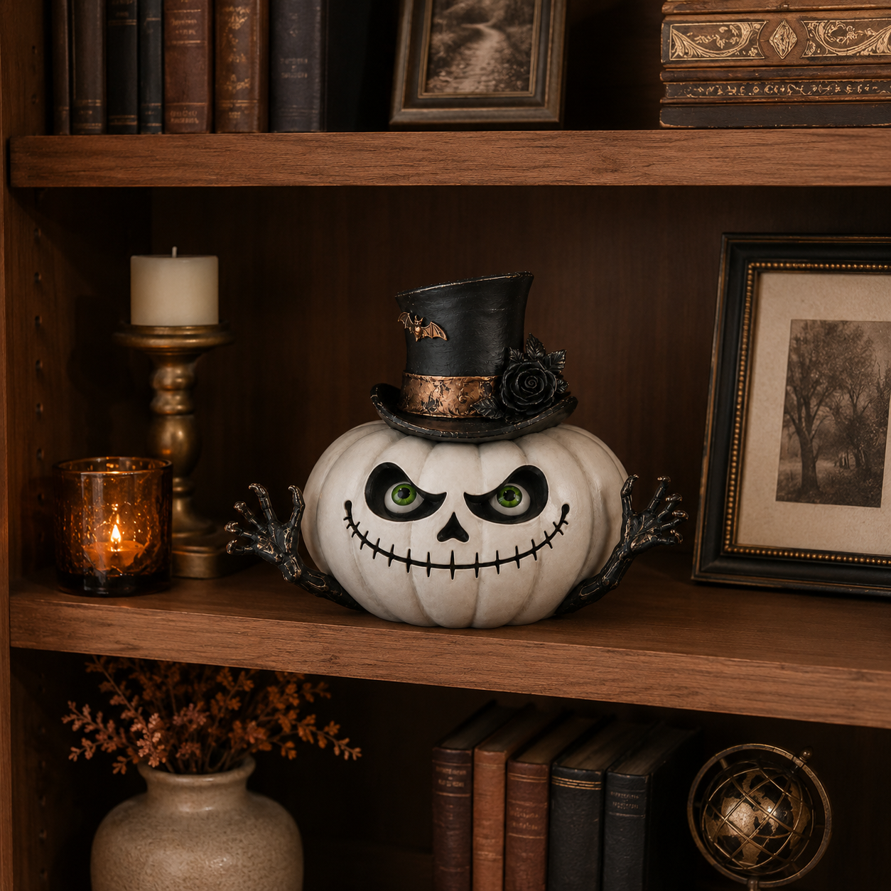 Gothic Top Hat Skull Pumpkin Resin Figurine – Halloween Tabletop Decoration 🦇