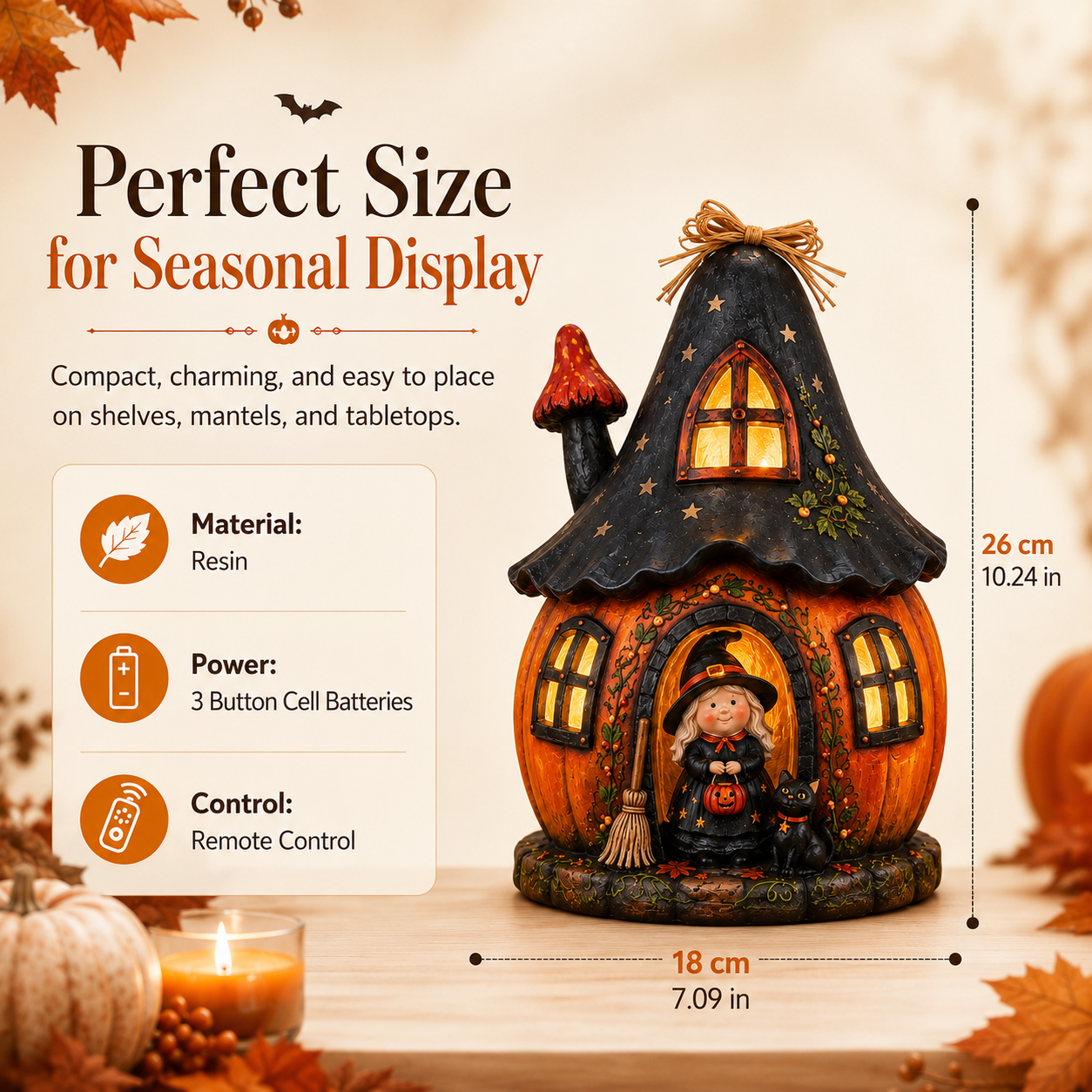 Lighted Witch Pumpkin House Resin Figurine – Remote-Controlled Halloween Tabletop Décor ✨