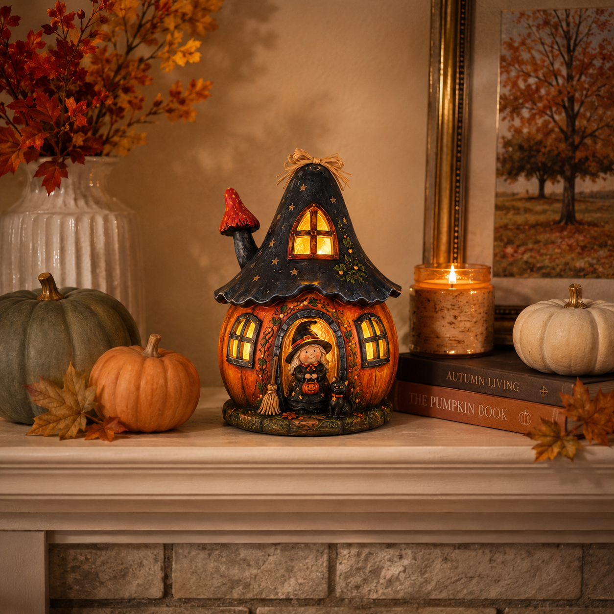 Lighted Witch Pumpkin House Resin Figurine – Remote-Controlled Halloween Tabletop Décor ✨
