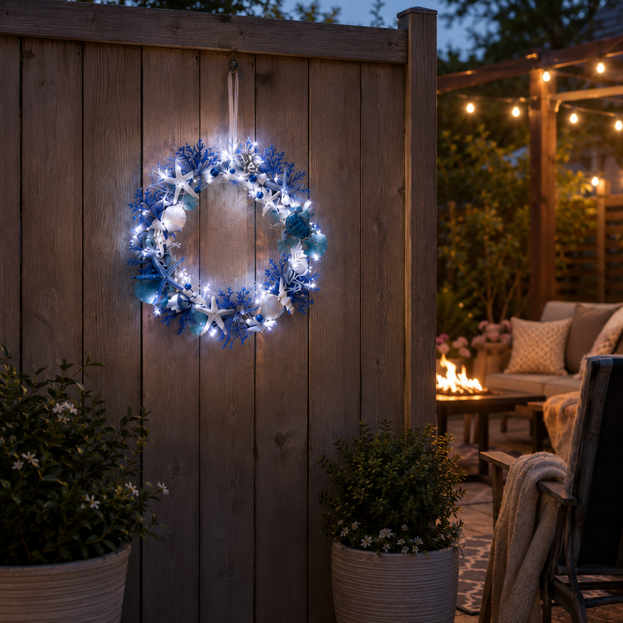 Ocean Breeze Coastal Wreath with LED Lights – Blue Sea Turtle & Seashell Resin Door Hanging Decor 🐢✨