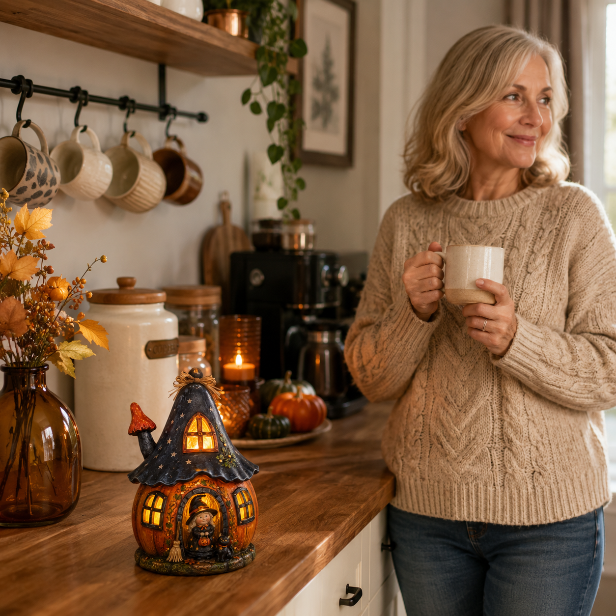 Lighted Witch Pumpkin House Resin Figurine – Remote-Controlled Halloween Tabletop Décor ✨