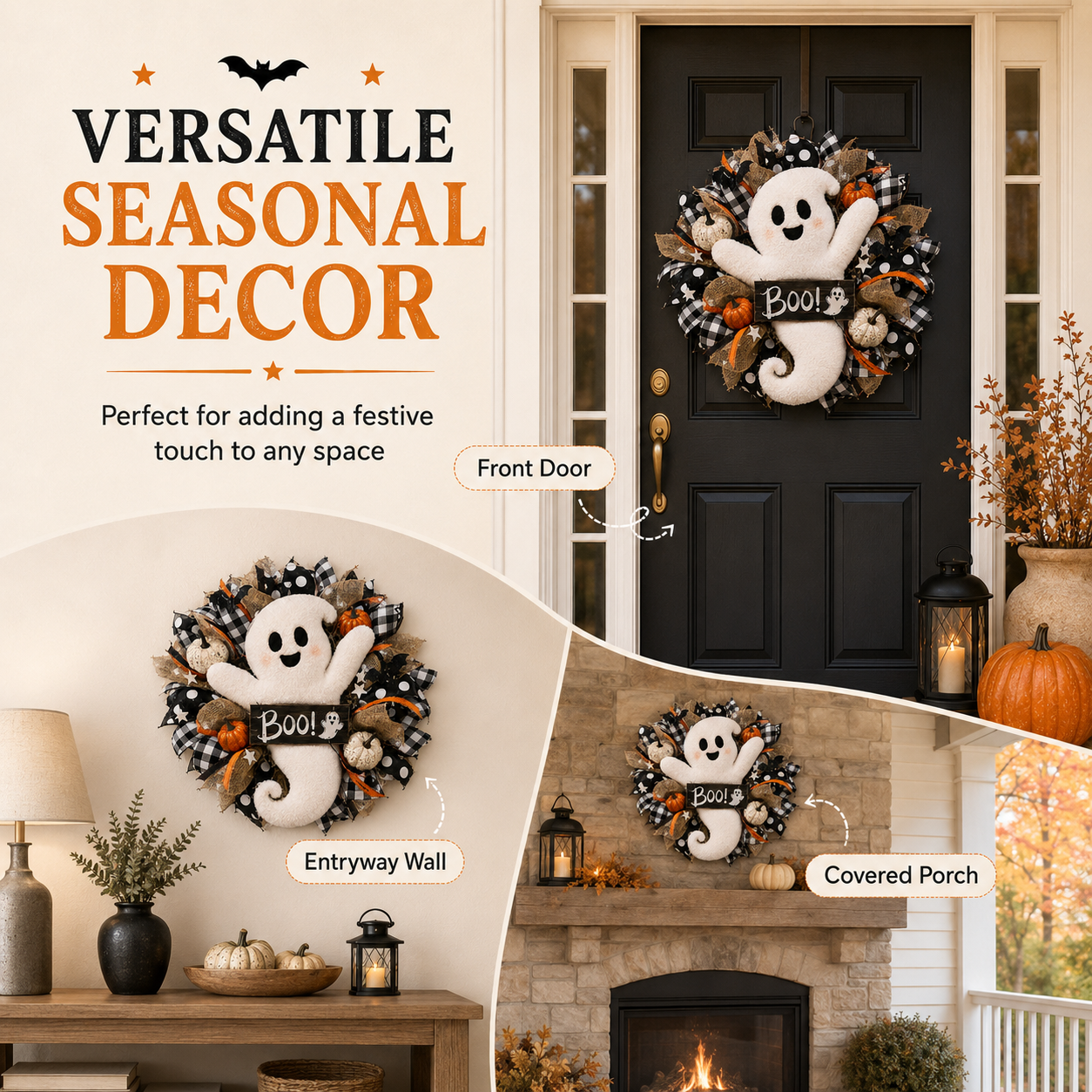Lighted Halloween Ghost Wreath – 15.7-Inch Remote-Controlled Front Door Decoration 👻