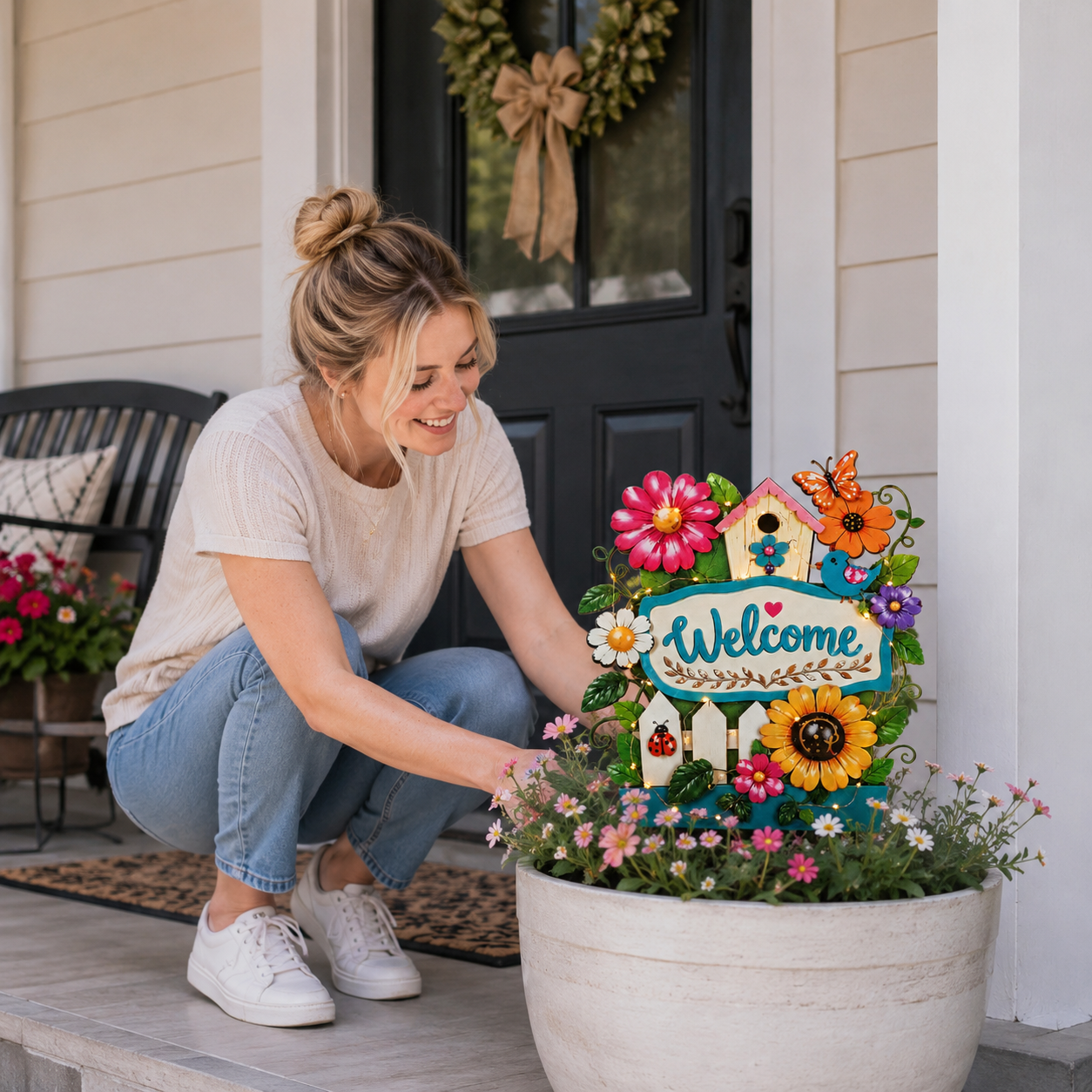 Welcome every guest with colorful flowers and a warm, inviting glow 🏡✨