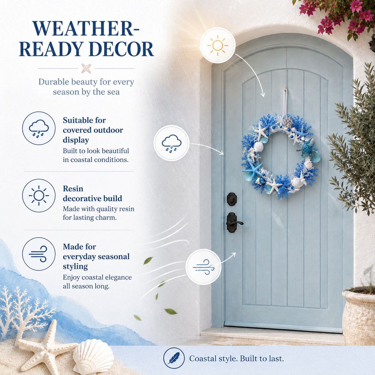 Ocean Breeze Coastal Wreath with LED Lights – Blue Sea Turtle & Seashell Resin Door Hanging Decor 🐢✨