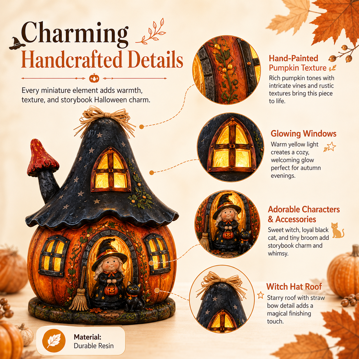 Lighted Witch Pumpkin House Resin Figurine – Remote-Controlled Halloween Tabletop Décor ✨