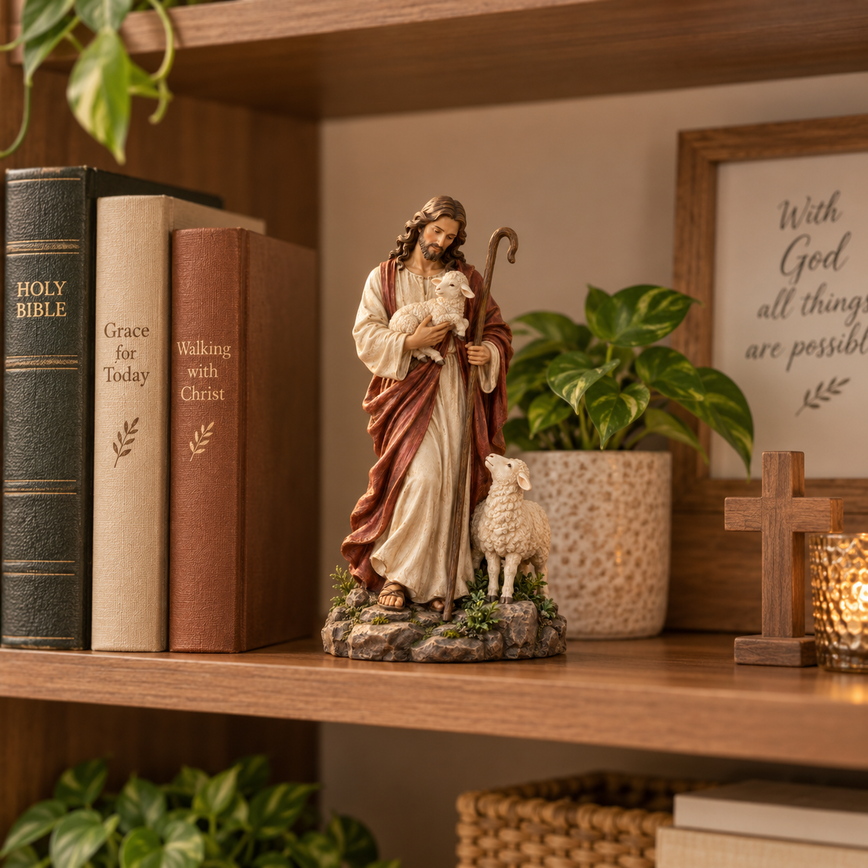Jesus Good Shepherd Resin Figurine with Lambs✨