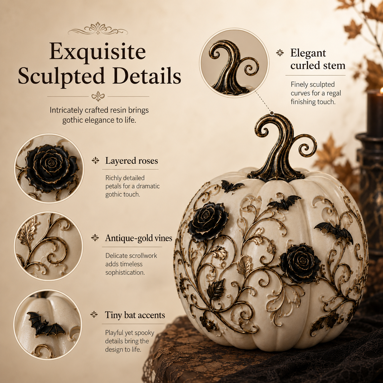 Gothic Rose Pumpkin Light – Remote-Controlled Halloween Resin Tabletop Décor 🦇