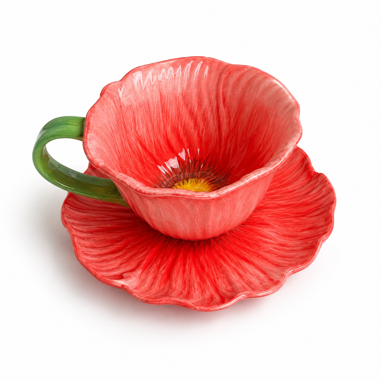 Poppy Flower Shaped Ceramic Coffee Cup and Saucer Set, 10 oz Floral Tea Cup with Matching Plate, Handmade Style Flower Mug for Coffee, Tea, Latte, Cappuccino, Home Decor and Gift