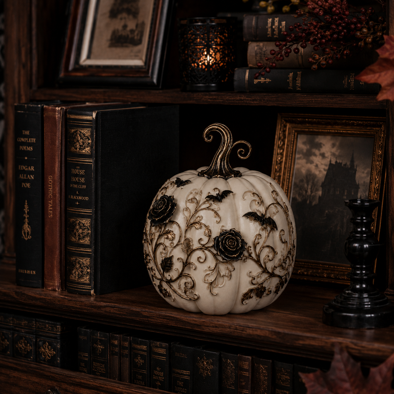 Gothic Rose Pumpkin Light – Remote-Controlled Halloween Resin Tabletop Décor 🦇