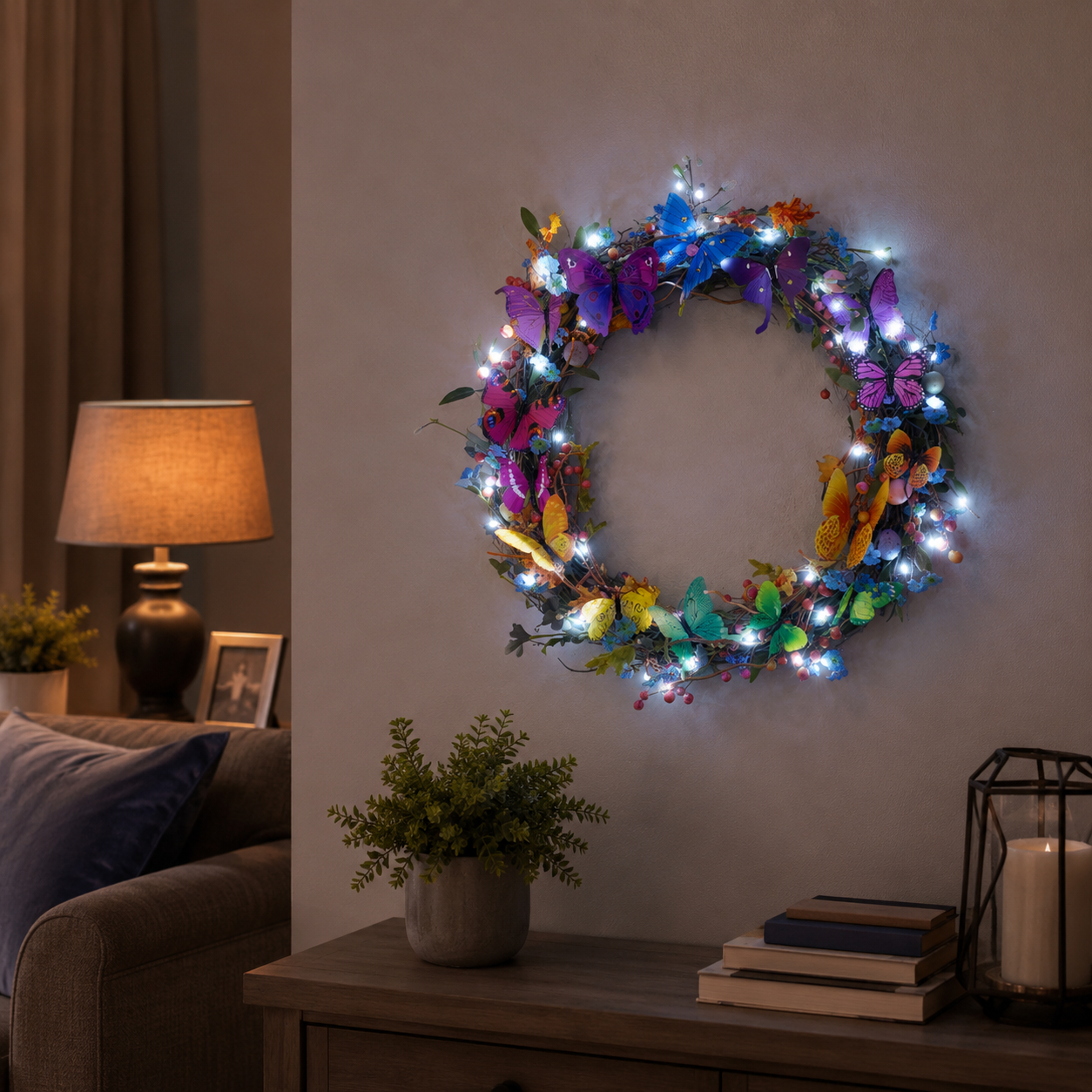 Colorful Butterfly Wreath with Cool White LED Lights and Remote Control 🦋✨
