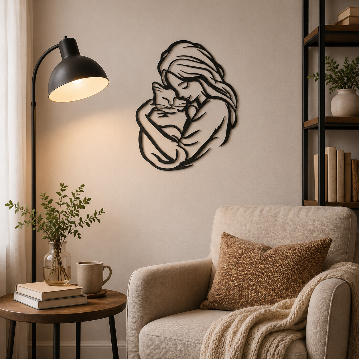 🐱 Girl Hugging Cat Metal Wall Art – A Heartwarming Accent for Cozy Homes