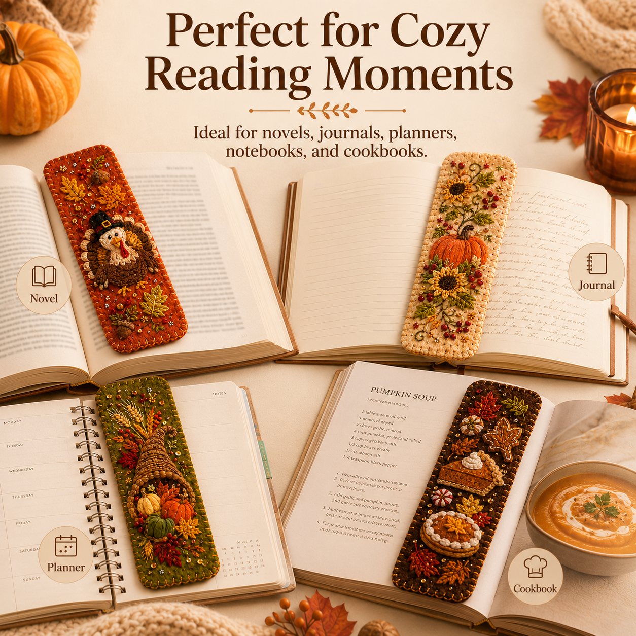 Thanksgiving Embroidered Felt Bookmarks🍁