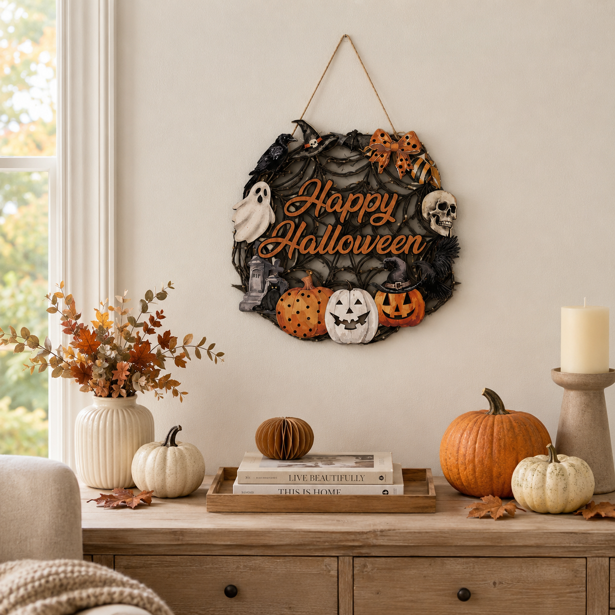 Lighted Happy Halloween Wooden Door Sign for Spooky Holiday Decor 🎃✨