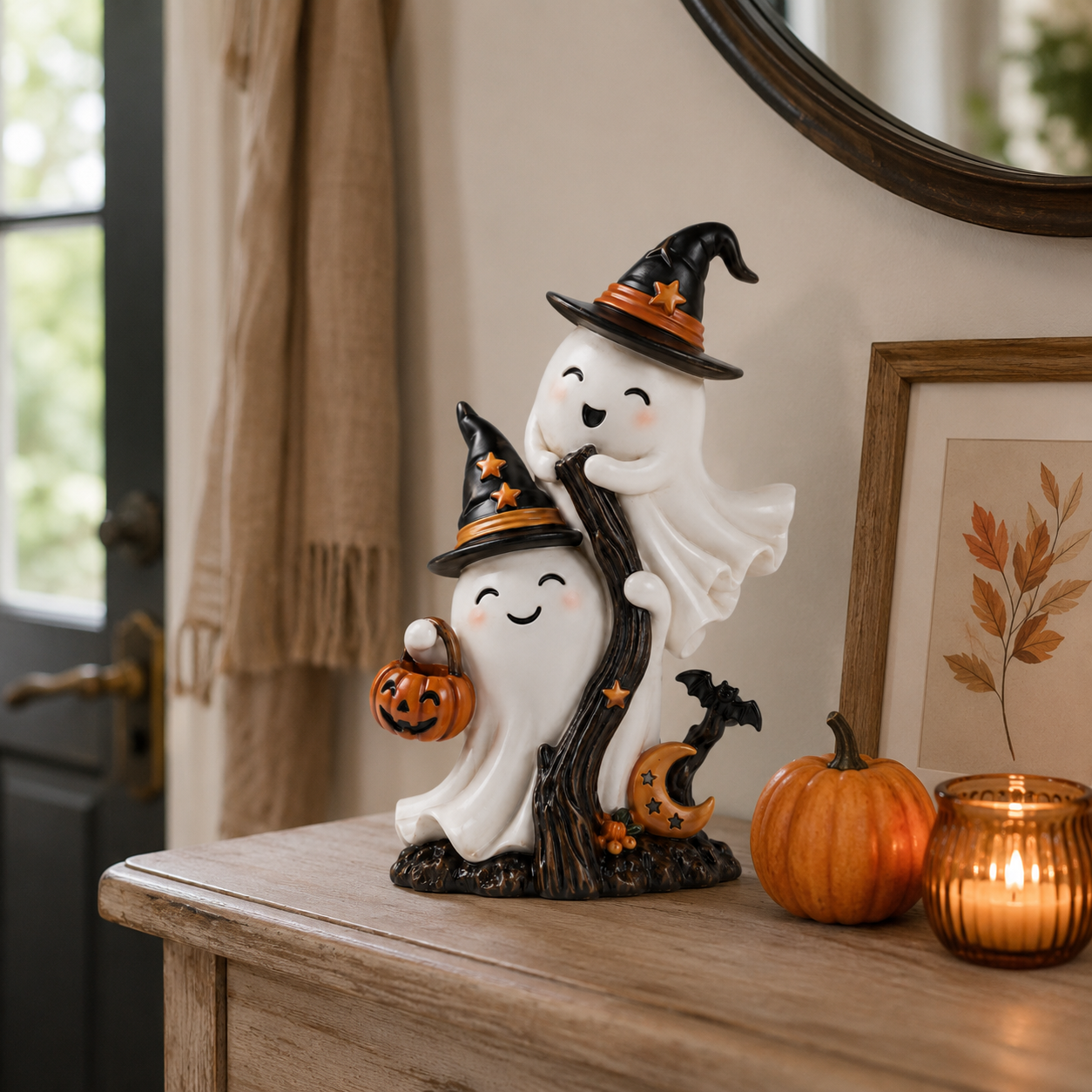 Cute Double Ghost Halloween Resin Figurine with Witch Hats and Pumpkin Bucket 🧙‍♀️✨