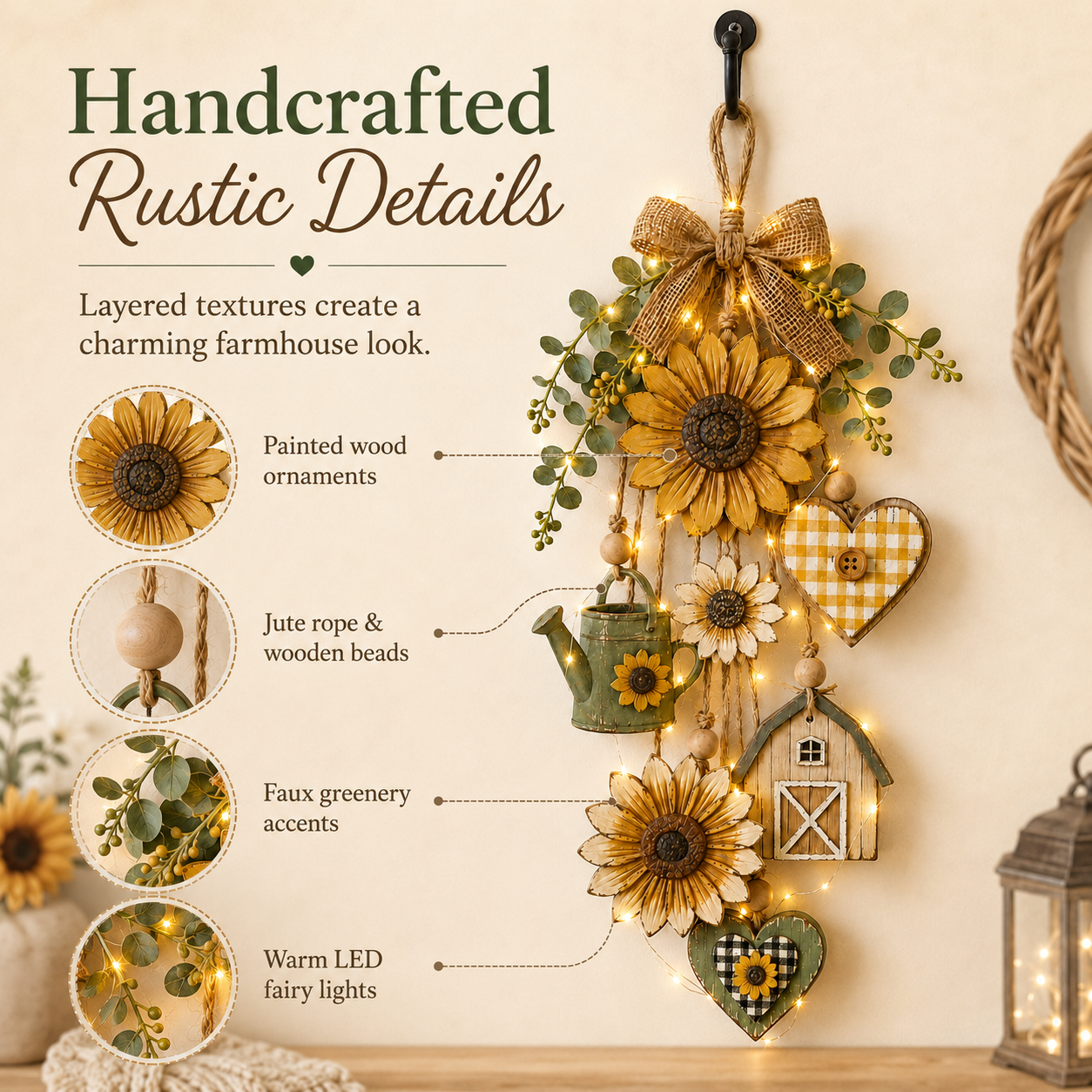 Rustic Wooden Garden-Themed Hanging Ornament with Remote Control Fairy Lights