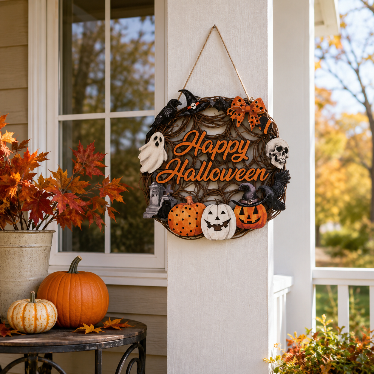 Lighted Happy Halloween Wooden Door Sign for Spooky Holiday Decor 🎃✨