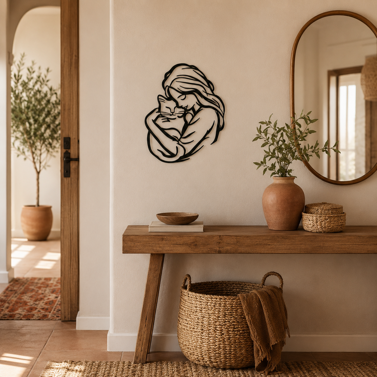 🐱 Girl Hugging Cat Metal Wall Art – A Heartwarming Accent for Cozy Homes