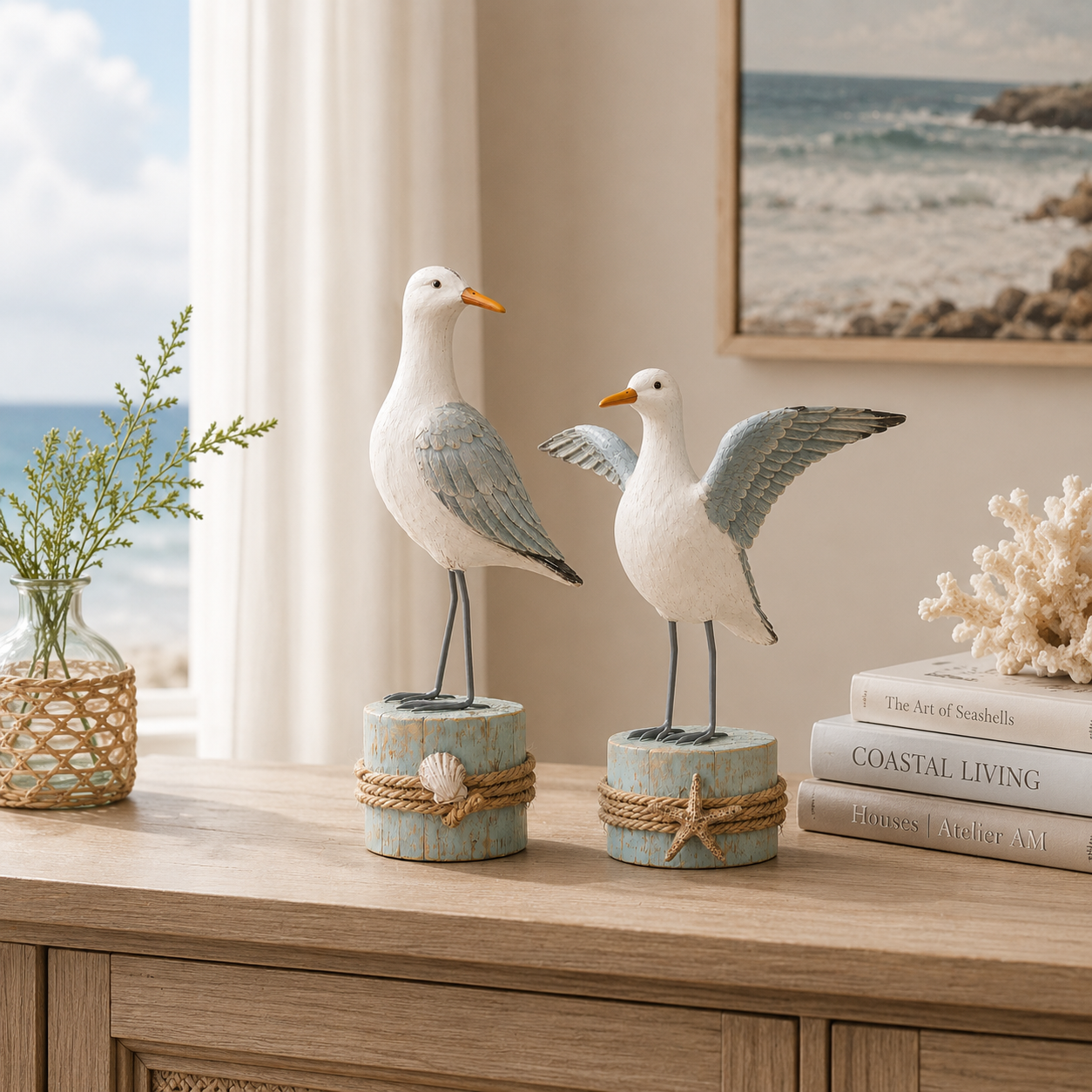 🌊 Set of 2 Seagull Figurines – Coastal Resin Bird Decor with Beach-Inspired Details for Tabletop Home Accents