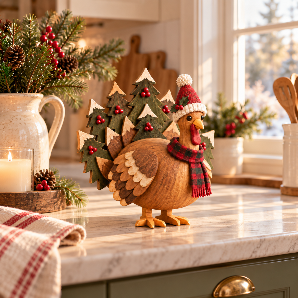 Rustic Wooden Christmas Turkey Figurine with Santa Hat🦃🎄