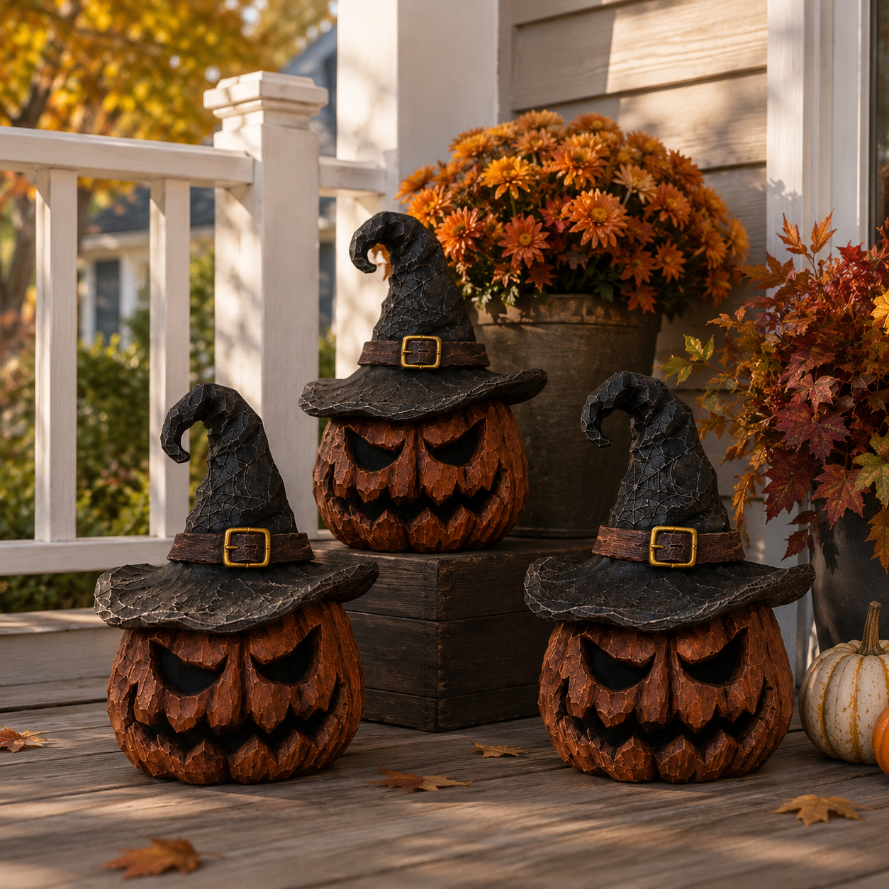 🎃 Light-Up Witch Hat Pumpkin Decoration – Remote-Controlled Halloween Resin Jack-O’-Lantern with LED Glow