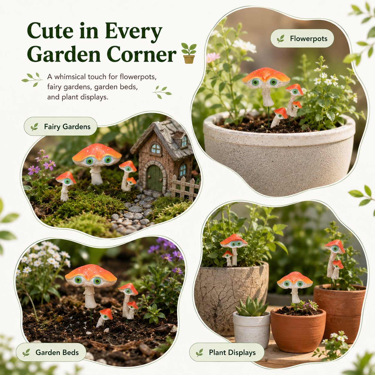 3-Piece Big-Eyed Mushroom Resin Garden Stakes – Whimsical Fairy Garden Decorations