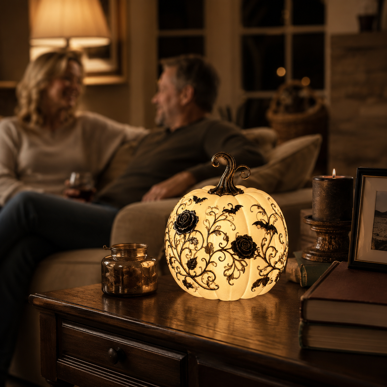 Gothic Rose Pumpkin Light – Remote-Controlled Halloween Resin Tabletop Décor 🦇