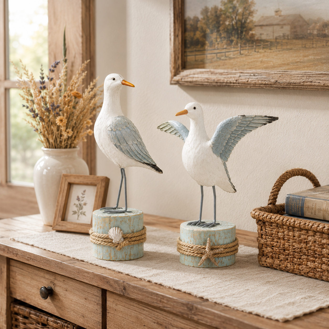 🌊 Set of 2 Seagull Figurines – Coastal Resin Bird Decor with Beach-Inspired Details for Tabletop Home Accents
