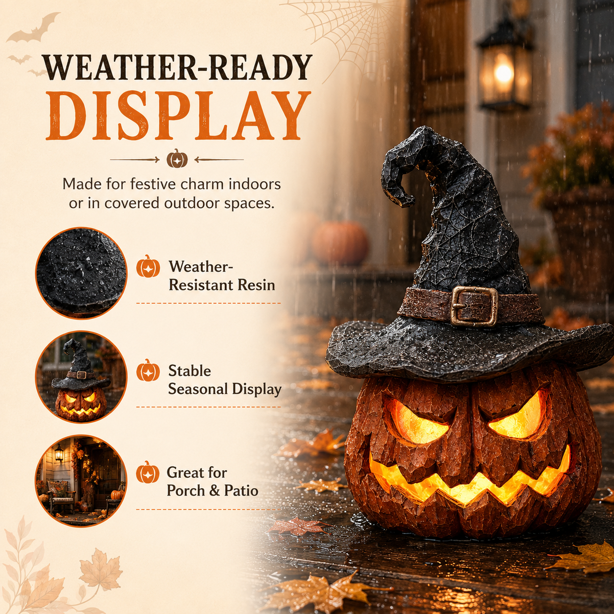 🎃 Light-Up Witch Hat Pumpkin Decoration – Remote-Controlled Halloween Resin Jack-O’-Lantern with LED Glow
