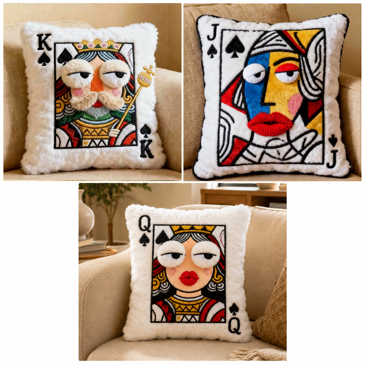 Whimsical Plush Playing Card Pillow – King / Jack / Queen Design