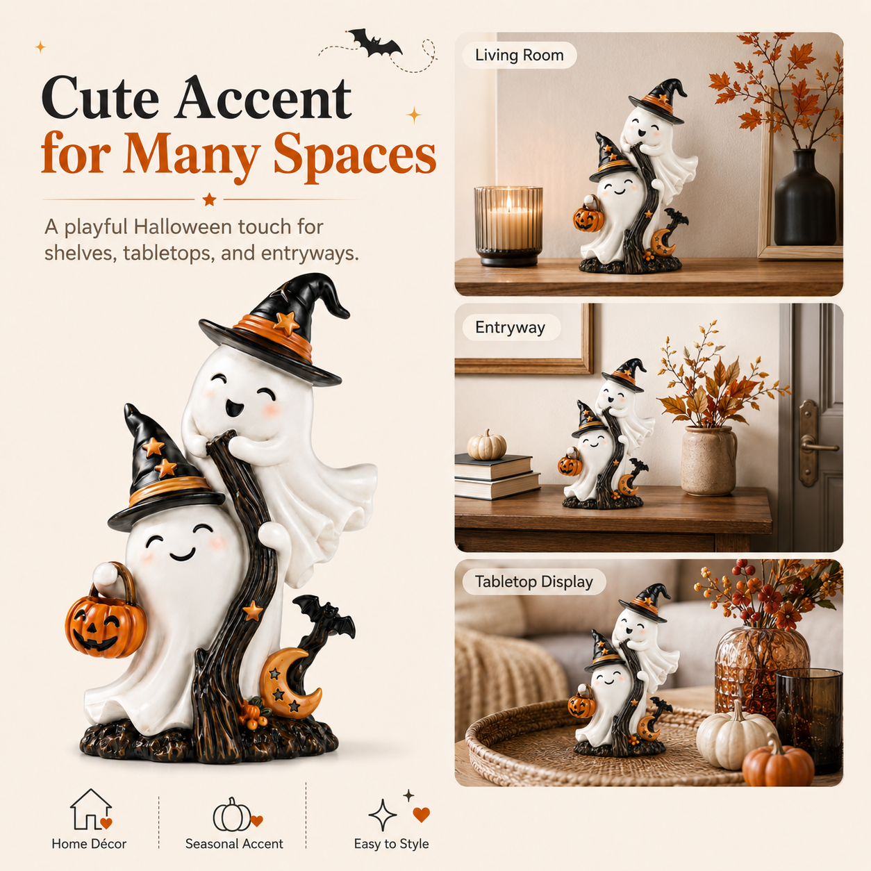 Cute Double Ghost Halloween Resin Figurine with Witch Hats and Pumpkin Bucket 🧙‍♀️✨