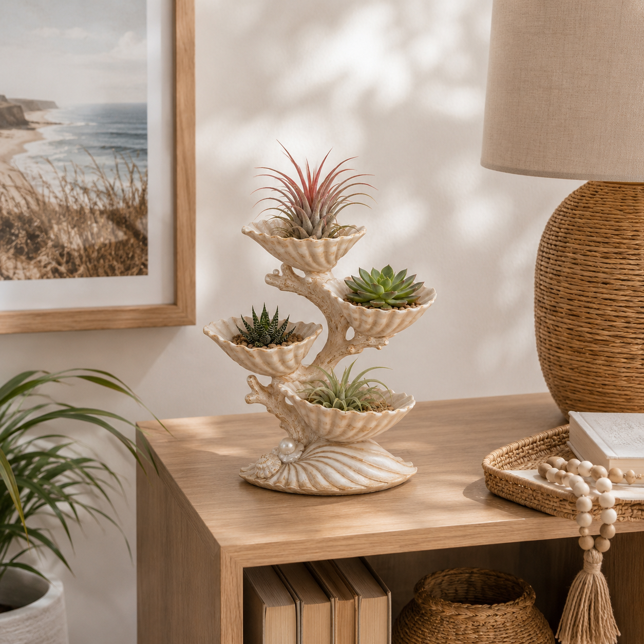 4-Tier Pearl Seashell Succulent Planter – Coastal Resin Tabletop Plant Display 🌿