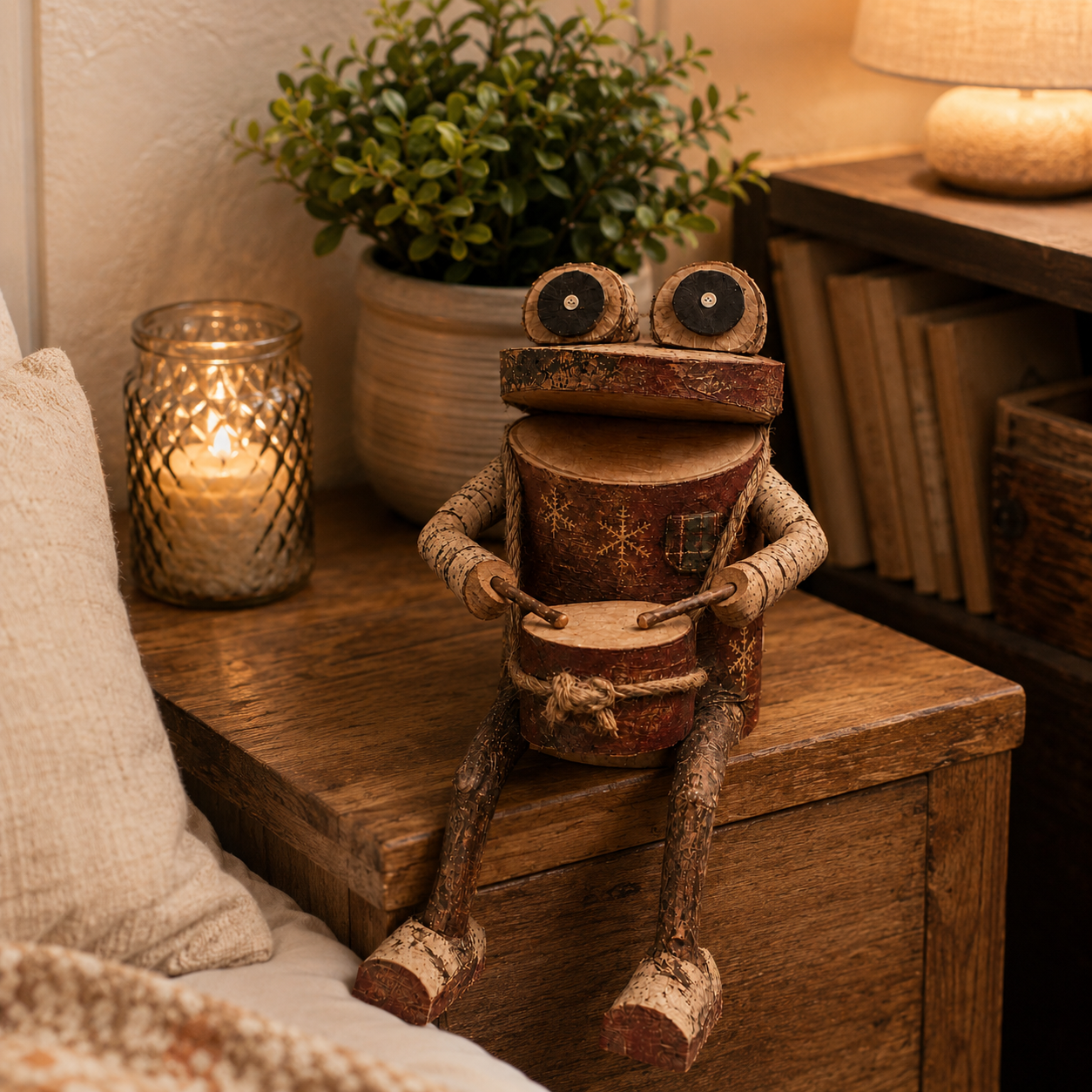 🐸 Rustic Wooden Frog Drummer Figurine
