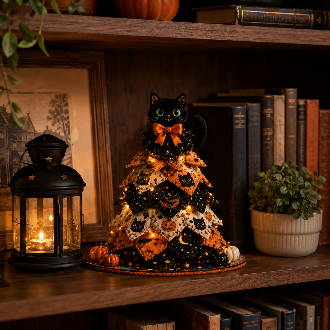 Light-Up Halloween Black Cat Fabric Tree Decoration with Remote Control 🐈‍⬛🎃✨